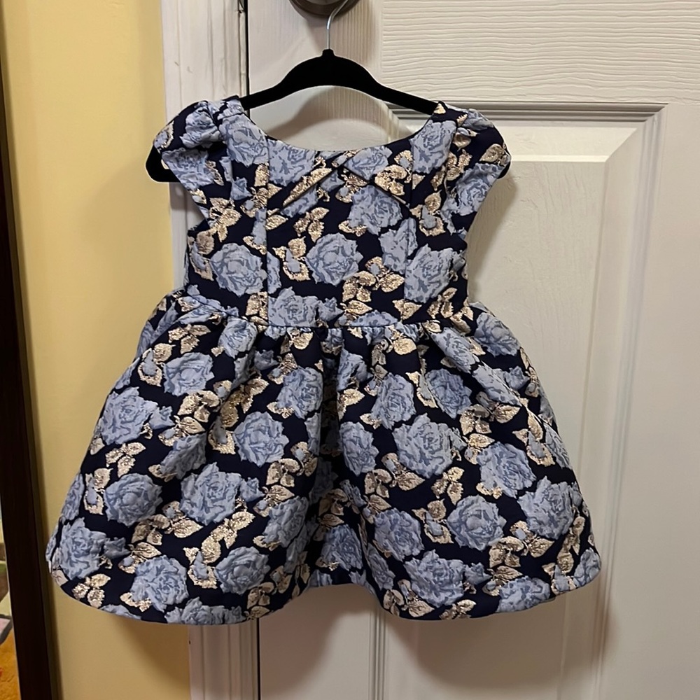 Cap sleeve baby dress. Blue with gold tones. Janie and Jack.